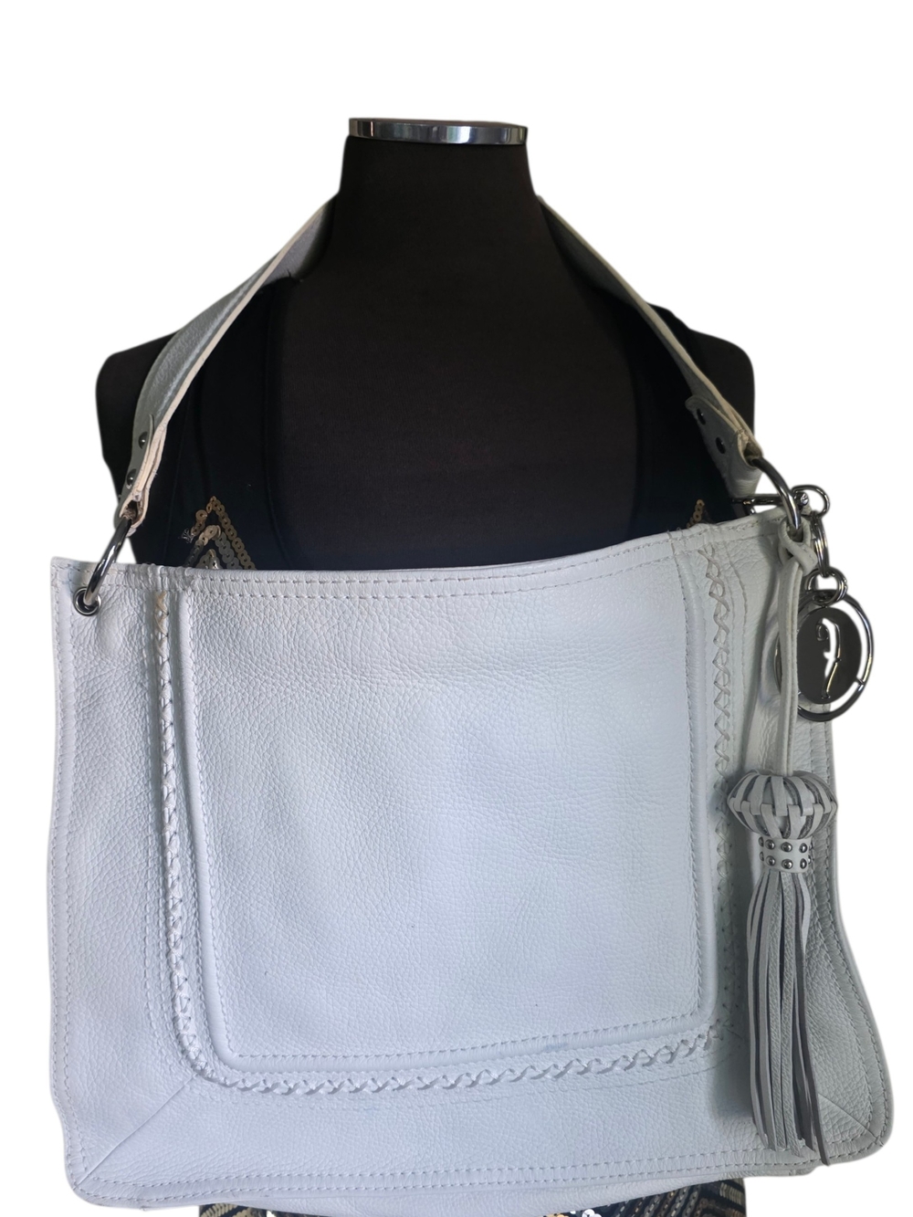Off-White Genuine Leather Shoulder Bag Tassel Charm Silver Hardware